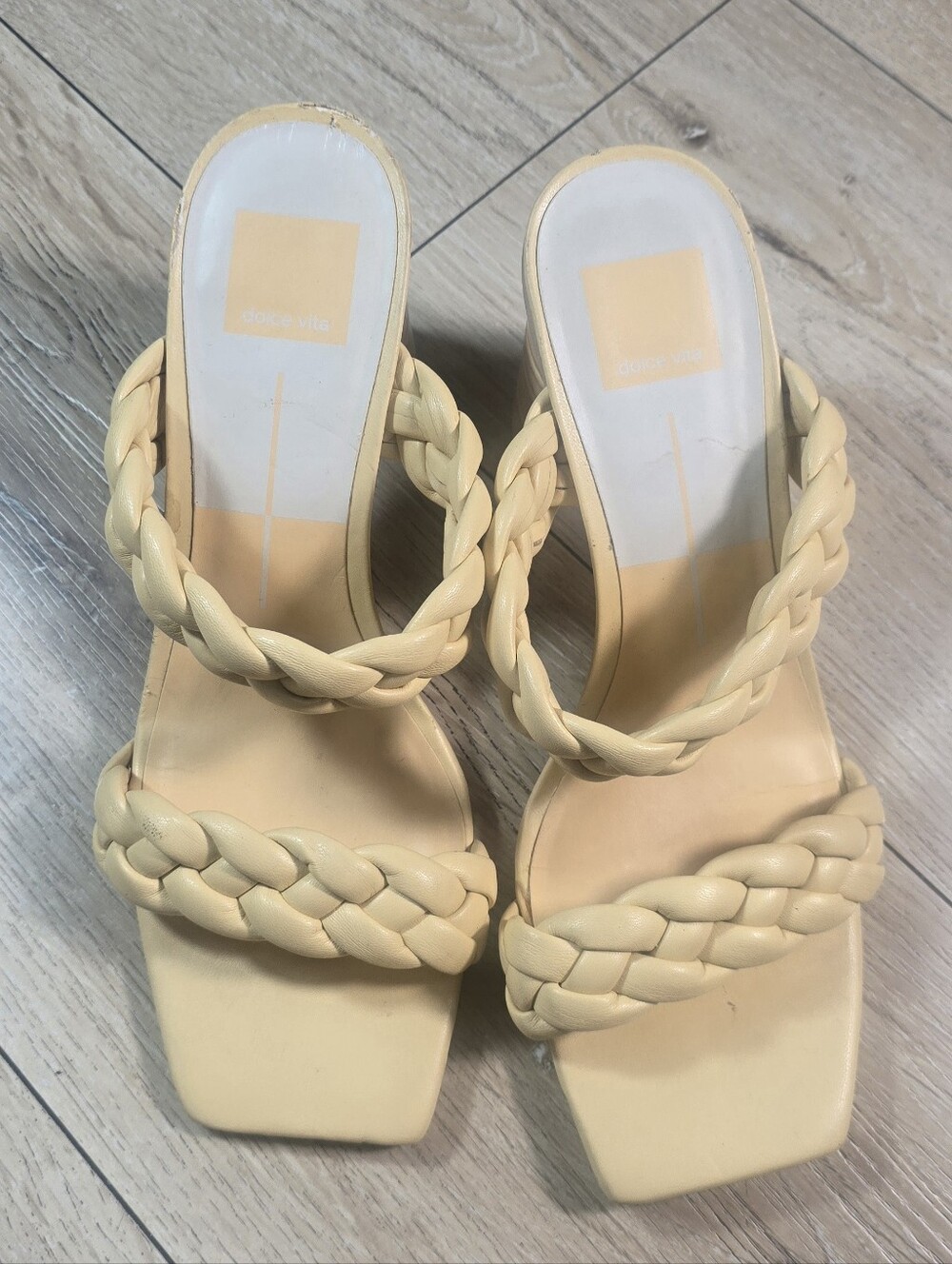 Dolce Vita Braided Double-Strap Square-Toe Mules in Beige
